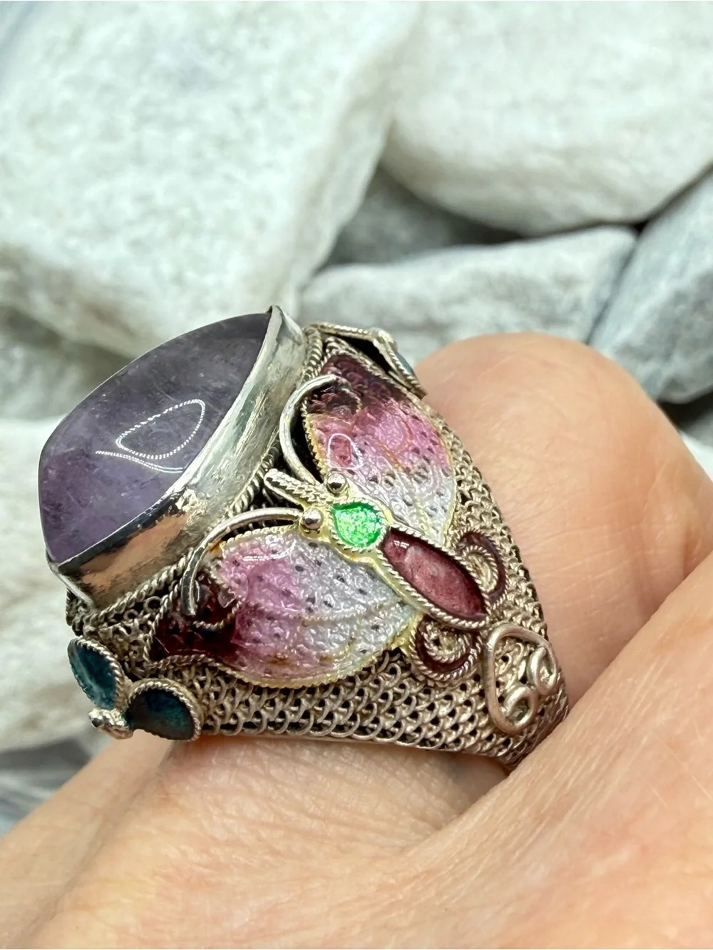 Vintage Chinese Export Sterling Silver Amethyst Enamel Butterfly Ring Size 7 10g